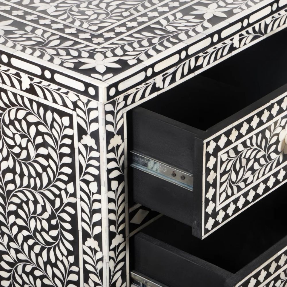 Maharaja Bone Inlay 7 Drawer Chest of Drawers - Black Floral