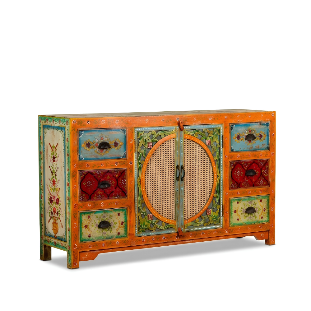Gulnaar Solid Wood Sideboard with Cane Doors and Floral Drawers