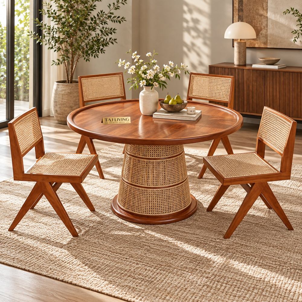 Pavitra Baithak Rattan Dining Table with 4 Chairs – Handcrafted 4 Seater Wooden Dining Set