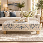 Blue Bone Inlay Rectangular Coffee Table, White Resin Top with Brass Legs