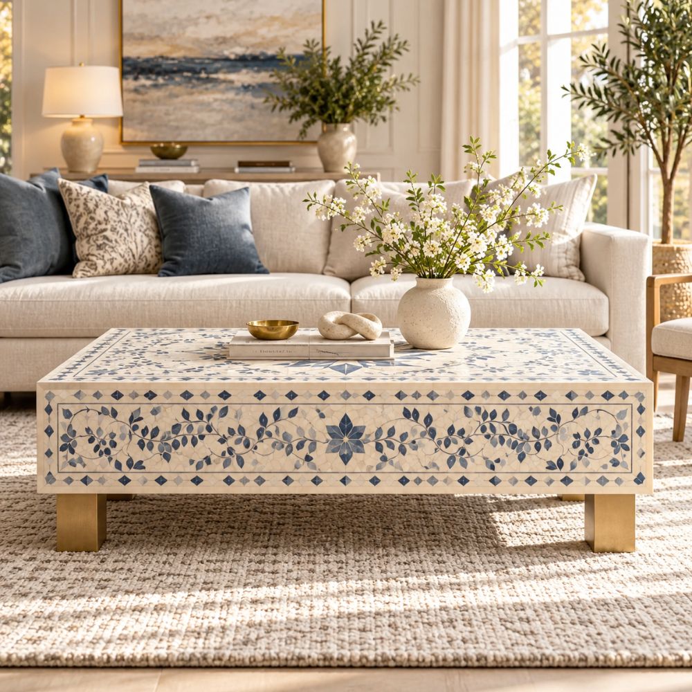 Blue Bone Inlay Rectangular Coffee Table, White Resin Top with Brass Legs
