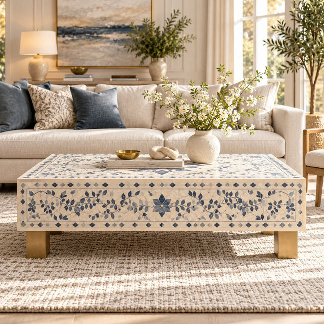 Blue Bone Inlay Rectangular Coffee Table, White Resin Top with Brass Legs Hover Image