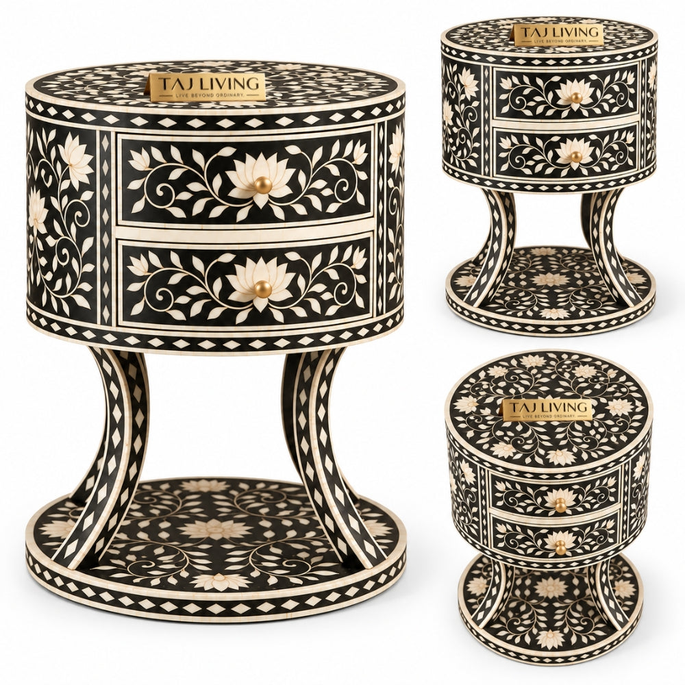 Zariya Black Bone Inlay Round Nightstand | Floral Boho Bedroom Furniture End Table