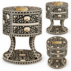 Zariya Black Bone Inlay Round Nightstand | Floral Boho Bedroom Furniture End Table
