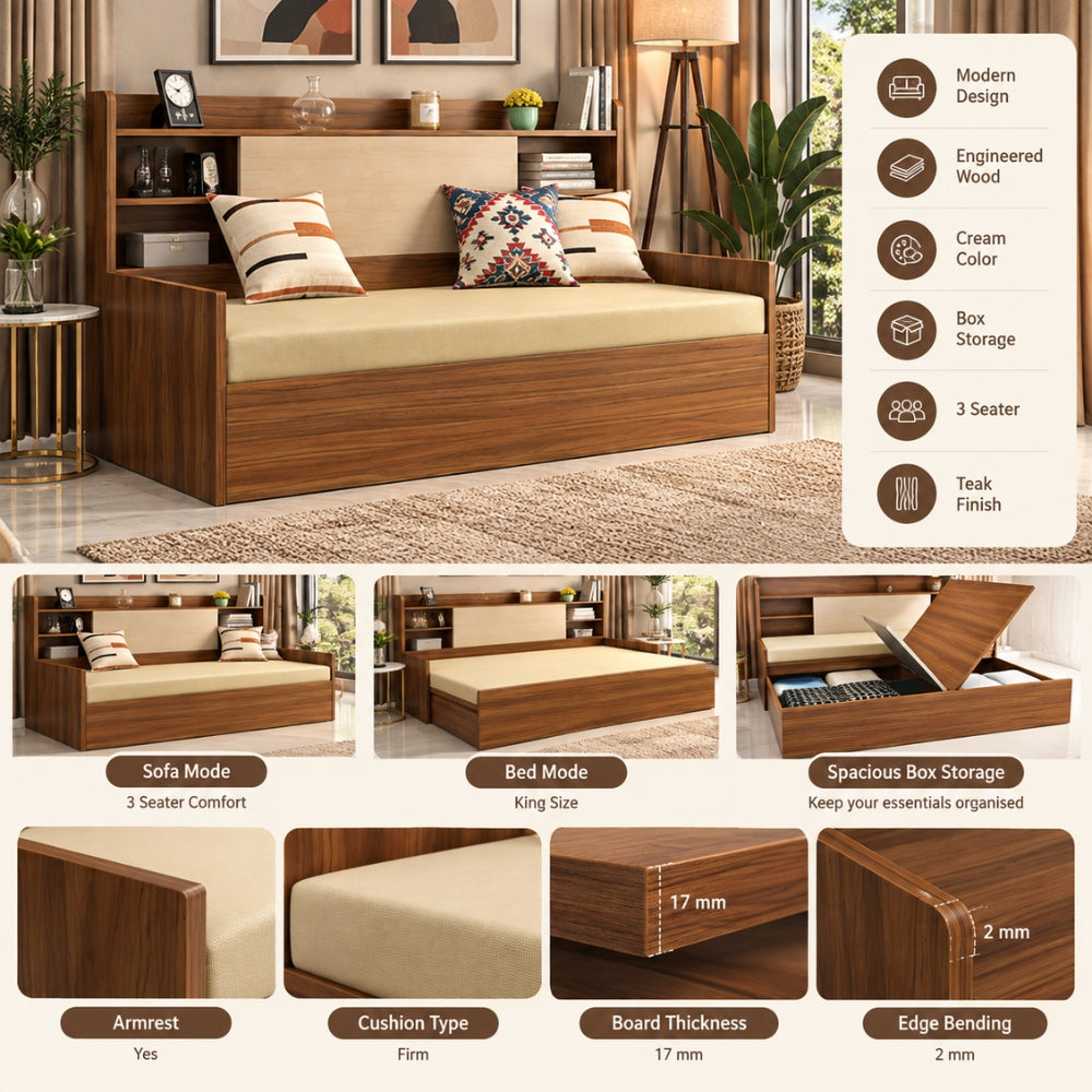 Teak Wood CloudLuxe 3-in-1 Sofa Cum Bed With Box Storage