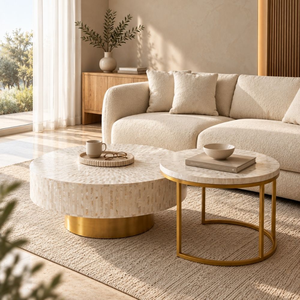 Mother of Pearl Inlay Coffee Table and Nesting Table Set, White Round Tables