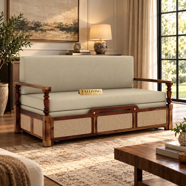 Ayaana Sheesham Wood 3 Seater Sofa Cum Bed with Cane Weaving & Premium Upholstery Hover Image