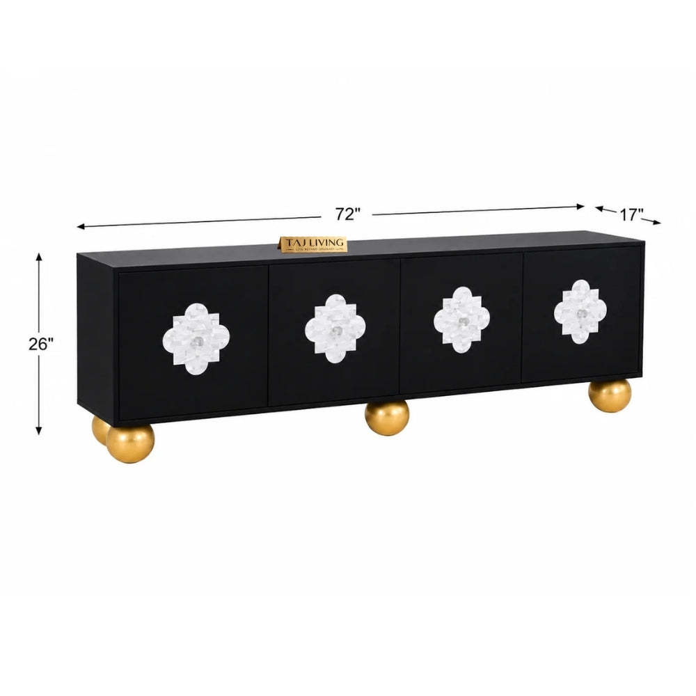 Mother of Pearl Inlay Black 4-Door TV Unit Media Cabinet