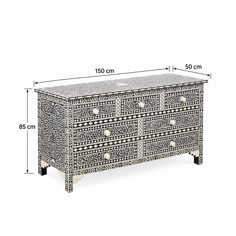 Maharaja Bone Inlay 7 Drawer Chest of Drawers - Black Floral