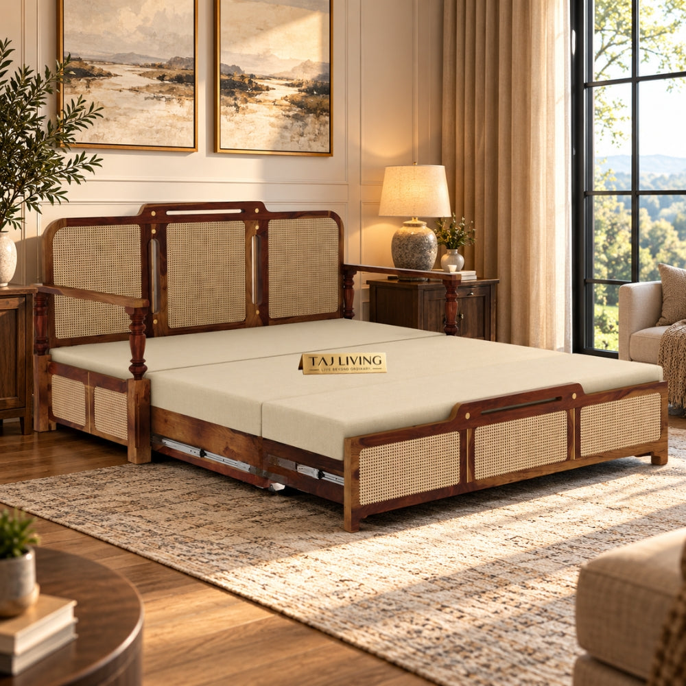 Ayaana Sheesham Wood 3 Seater Sofa Cum Bed with Cane Weaving & Premium Upholstery