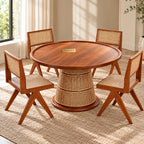 Pavitra Baithak Rattan Dining Table with 4 Chairs – Handcrafted 4 Seater Wooden Dining Set