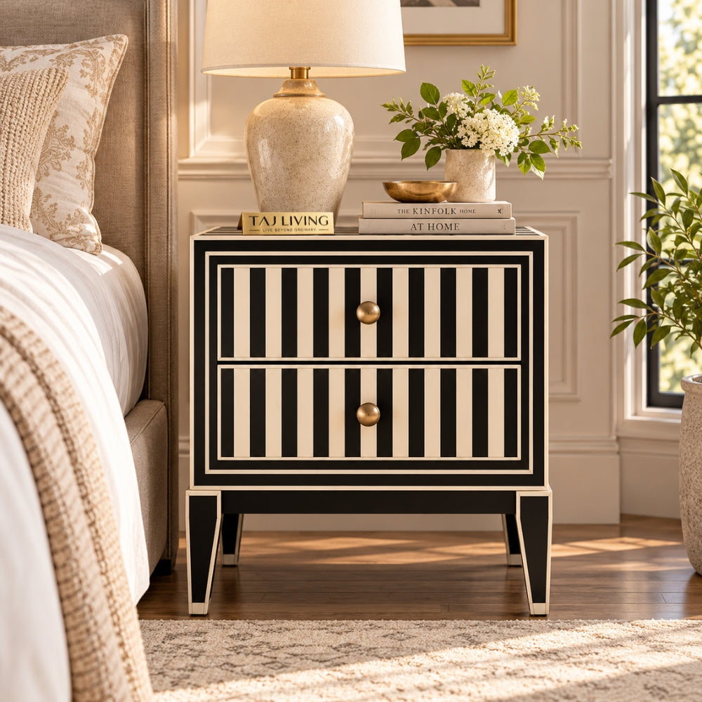 Rangoli Black Bone Inlay Nightstand | 2 Drawer Luxury Bedside Table