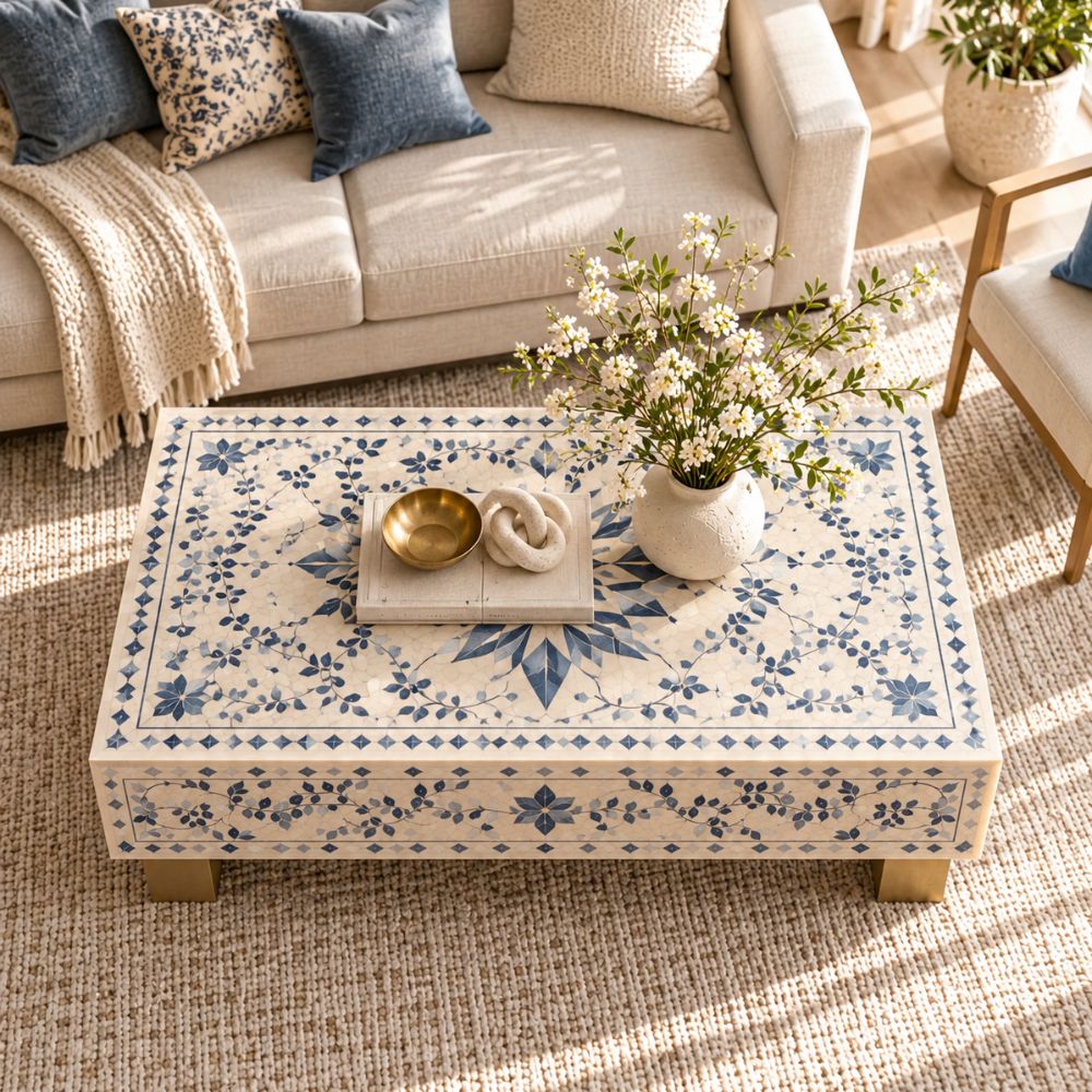 Blue Bone Inlay Rectangular Coffee Table, White Resin Top with Brass Legs