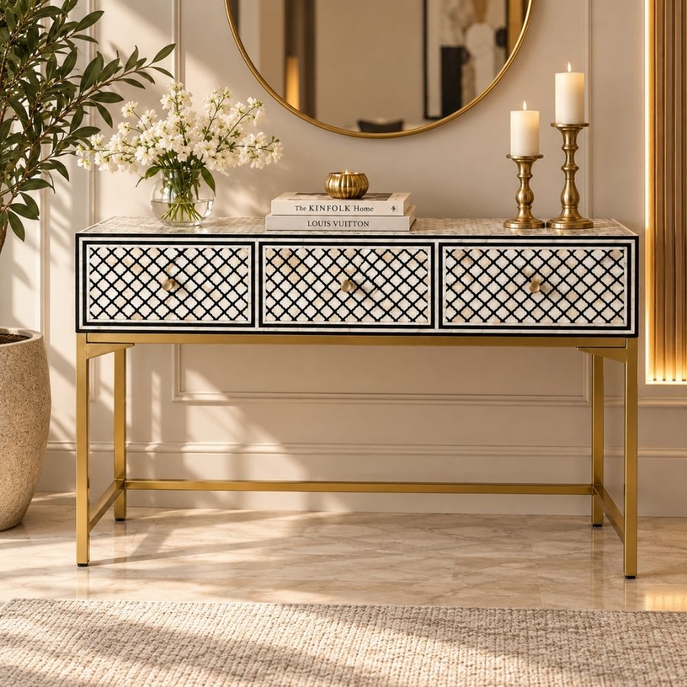 Rangrez Black and White Geometric Mother of Pearl Inlay Console Table