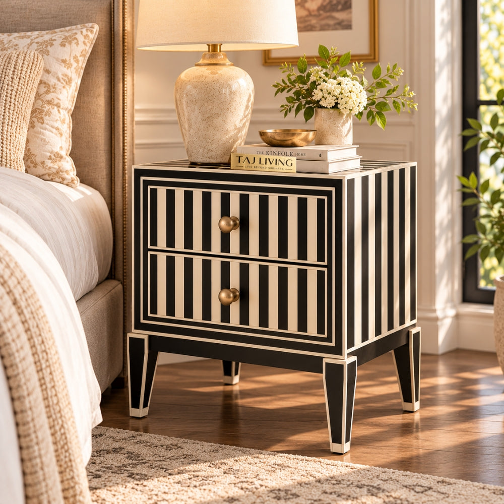 Rangoli Black Bone Inlay Nightstand | 2 Drawer Luxury Bedside Table