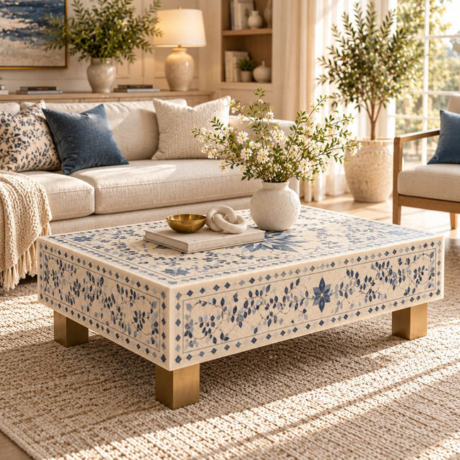 Blue Bone Inlay Rectangular Coffee Table, White Resin Top with Brass Legs Main Image