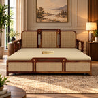 Ayaana Sheesham Wood 3 Seater Sofa Cum Bed with Cane Weaving & Premium Upholstery
