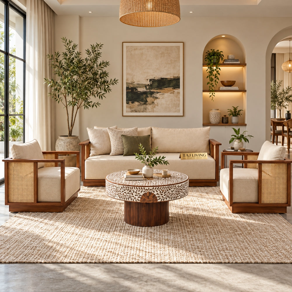 Teak Wood Varnik 3+1+1 Ash Wood Sofa Set with Cane Accents