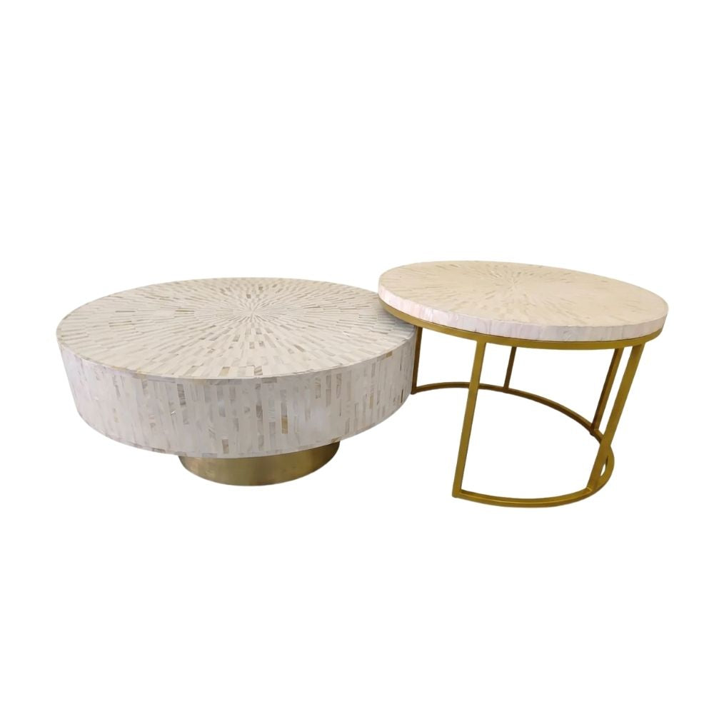 Mother of Pearl Inlay Coffee Table and Nesting Table Set, White Round Tables