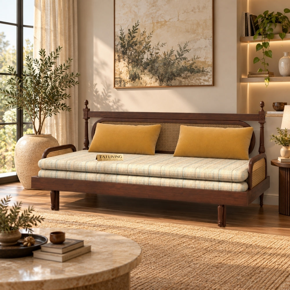Cane-Style Day Bed with Cushioned Backrest for Indian Homes