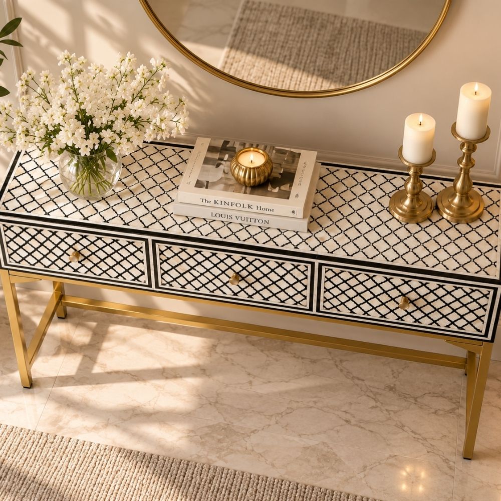 Rangrez Black and White Geometric Mother of Pearl Inlay Console Table