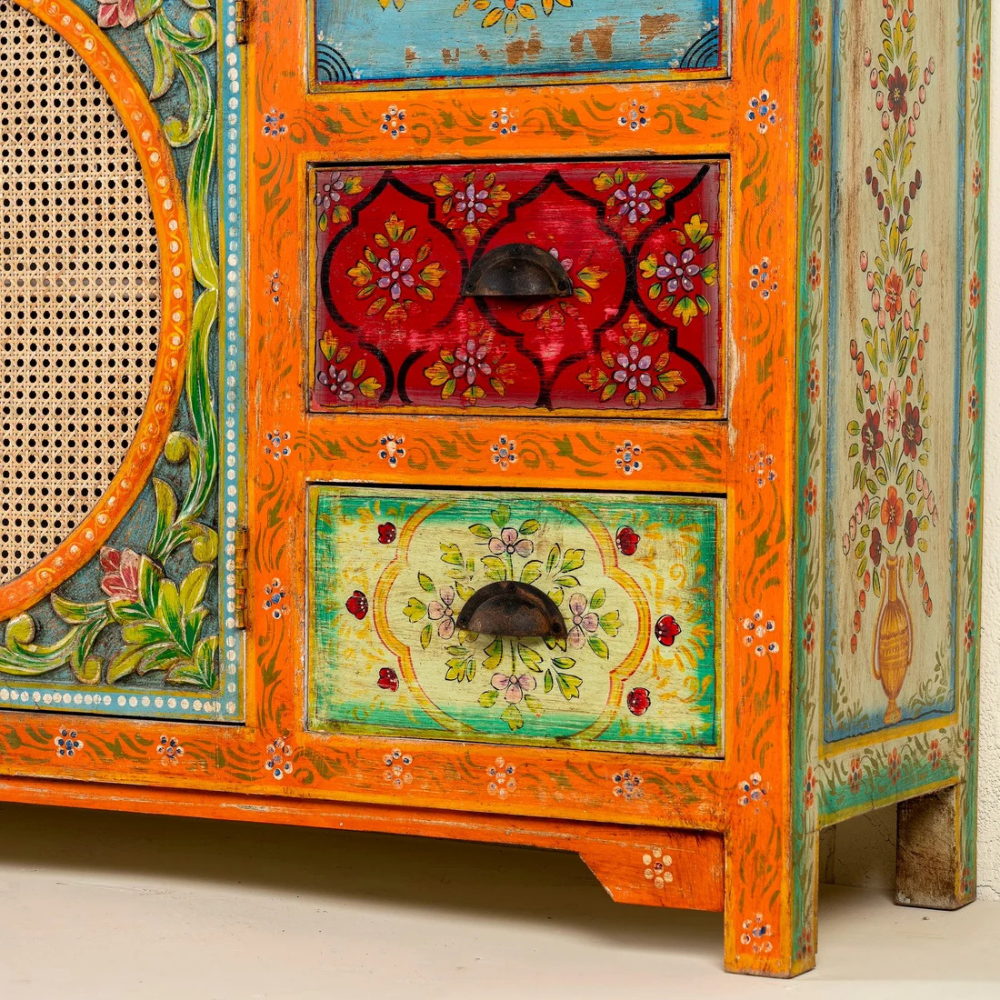 Gulnaar Solid Wood Sideboard with Cane Doors and Floral Drawers