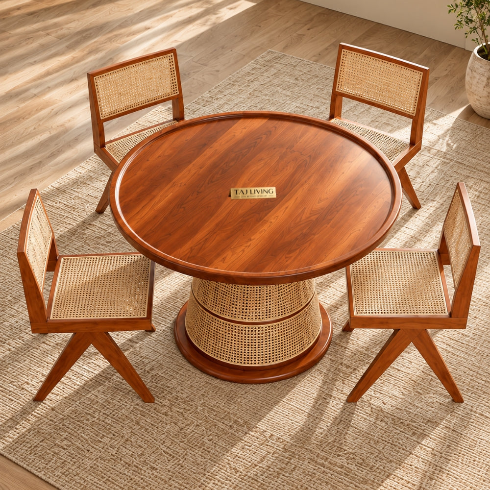 Pavitra Baithak Rattan Dining Table with 4 Chairs – Handcrafted 4 Seater Wooden Dining Set