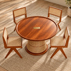 Pavitra Baithak Rattan Dining Table with 4 Chairs – Handcrafted 4 Seater Wooden Dining Set
