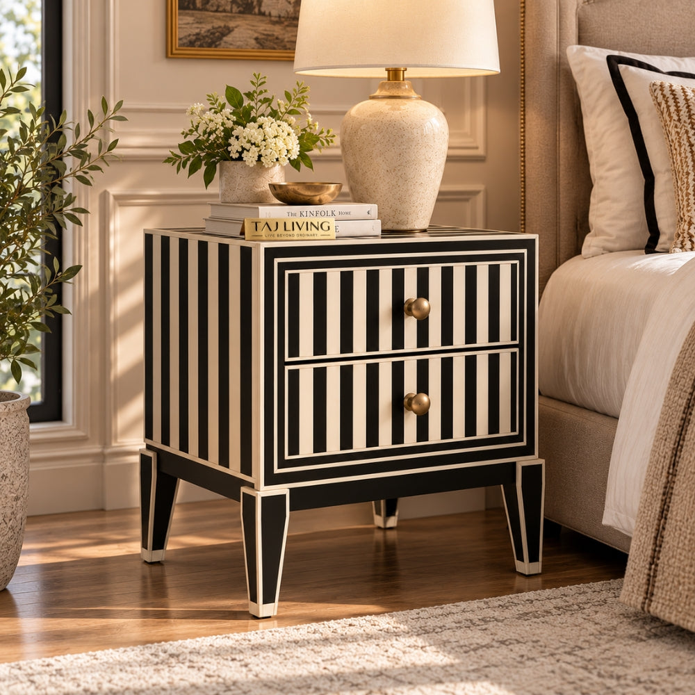 Rangoli Black Bone Inlay Nightstand | 2 Drawer Luxury Bedside Table