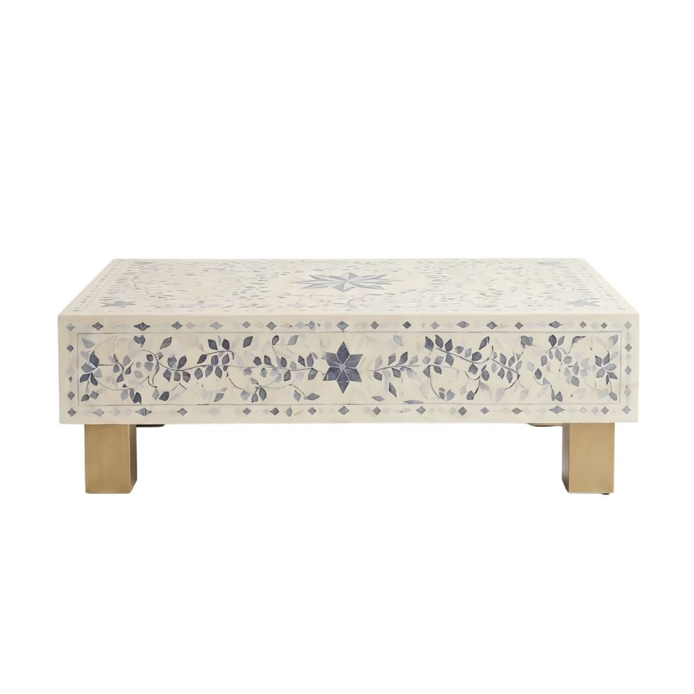 Blue Bone Inlay Rectangular Coffee Table, White Resin Top with Brass Legs