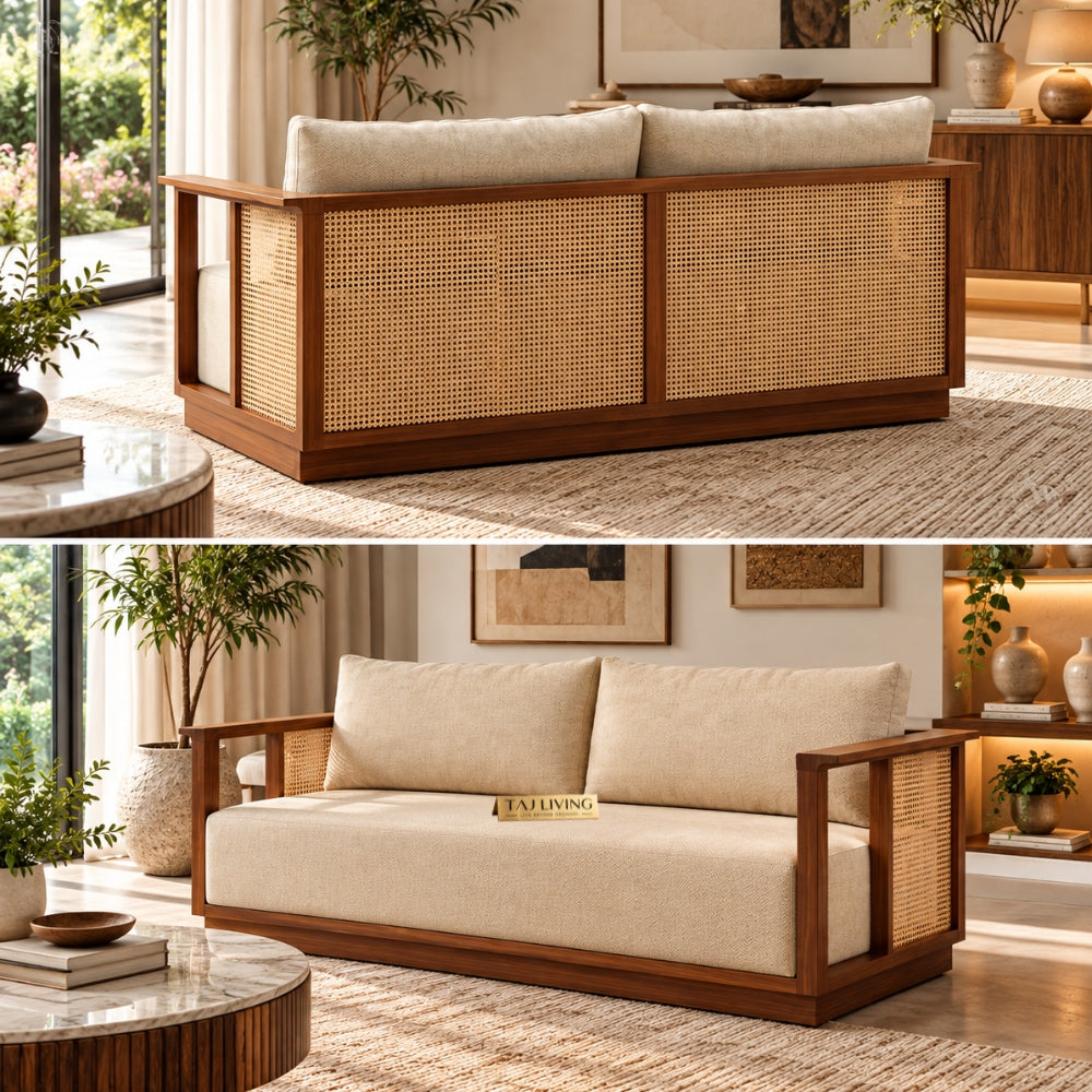 Teak Wood Varnik 3+1+1 Ash Wood Sofa Set with Cane Accents