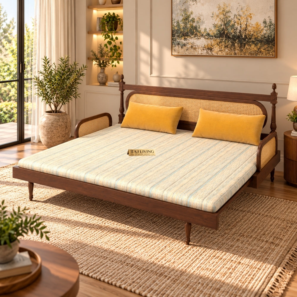 Cane-Style Day Bed with Cushioned Backrest for Indian Homes