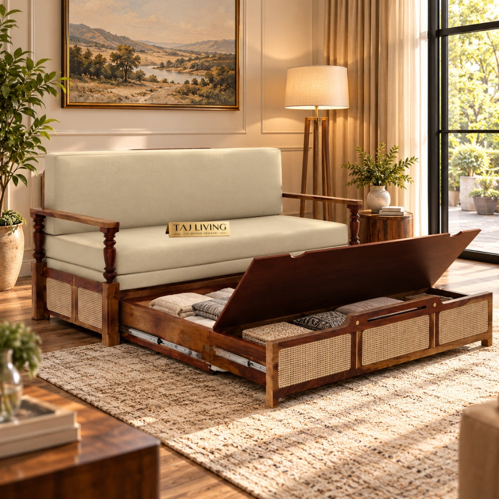 Ayaana Sheesham Wood 3 Seater Sofa Cum Bed with Cane Weaving & Premium Upholstery