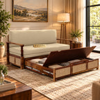 Ayaana Sheesham Wood 3 Seater Sofa Cum Bed with Cane Weaving & Premium Upholstery