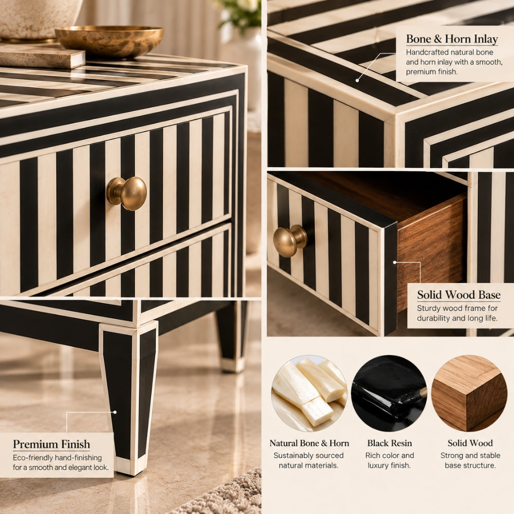 Rangoli Black Bone Inlay Nightstand | 2 Drawer Luxury Bedside Table