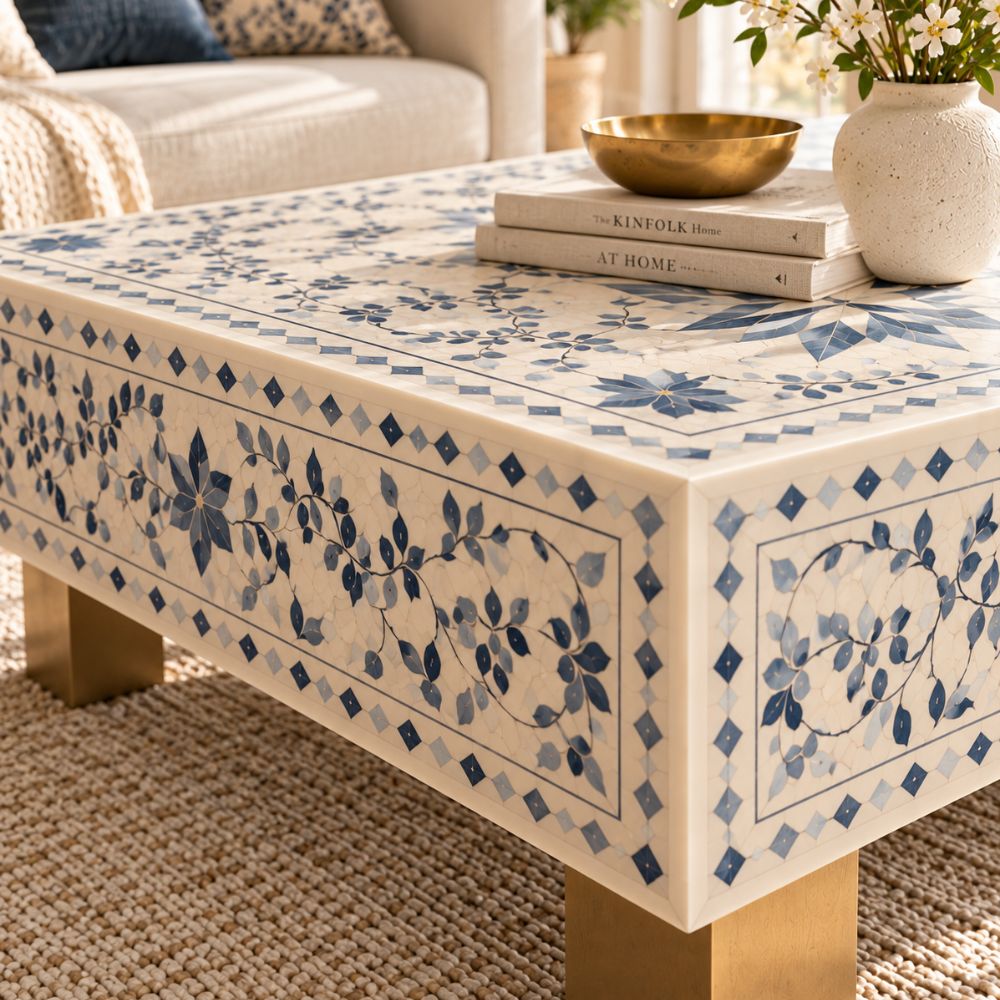 Blue Bone Inlay Rectangular Coffee Table, White Resin Top with Brass Legs