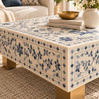 Blue Bone Inlay Rectangular Coffee Table, White Resin Top with Brass Legs