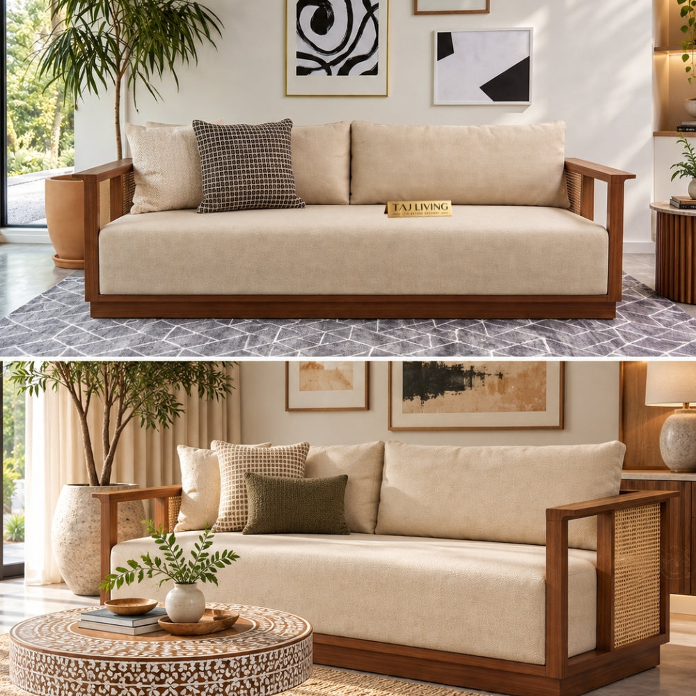 Teak Wood Varnik 3+1+1 Ash Wood Sofa Set with Cane Accents