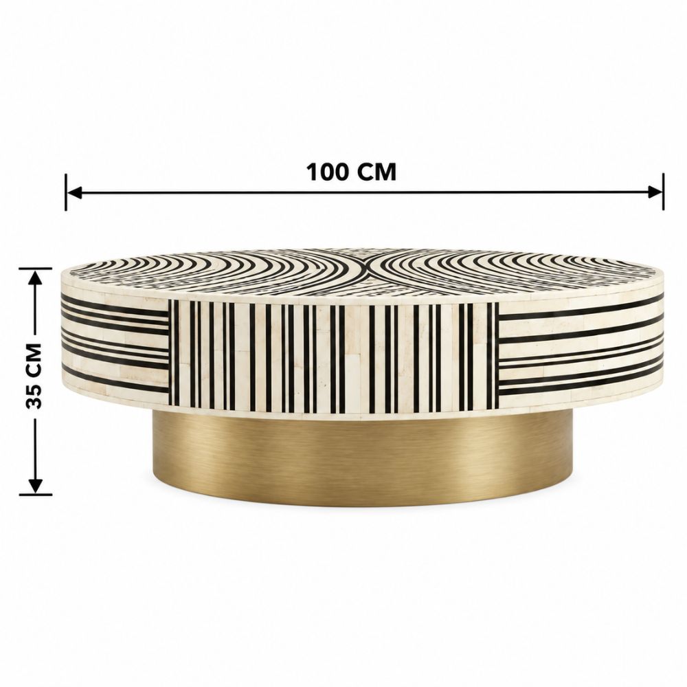 Black & White Bone Inlay Round Coffee Table with Brass Base