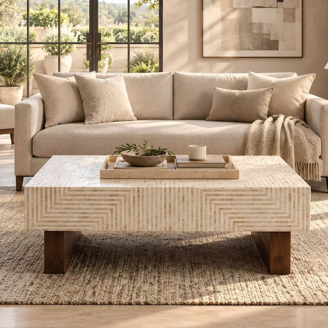 Mother of Pearl Inlay Rectangular Coffee Table, White Luxury Coffee Table with Wooden Legs Hover Image