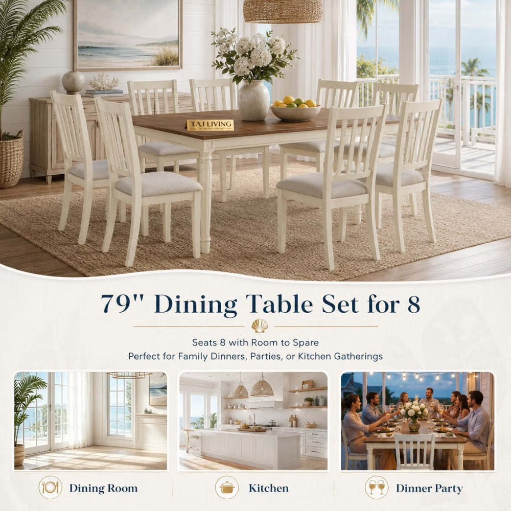 Solid Wood Dining Table Set with 8 Upholstered Chairs (1 Table+8 Chairs