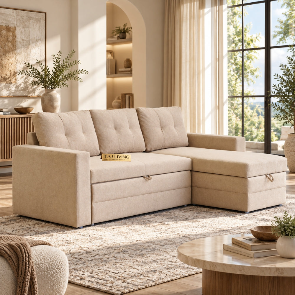 Diwan Fabric 3-Seater Storage Sofa Bed with Interchangeable Chaise - Beige