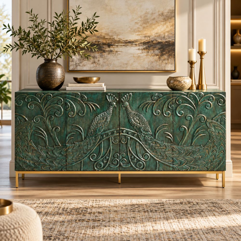 Vasudha Carved Wood Peacock 4 Door Storage Sideboard