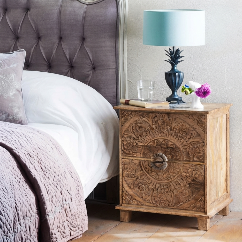 Kesari Hand-Carved Solid Mango Wood Bedside Table