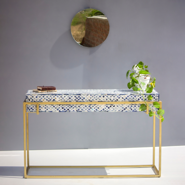 Dharohar Blue Bone Inlay Console Table - Geometric Pattern Main Image