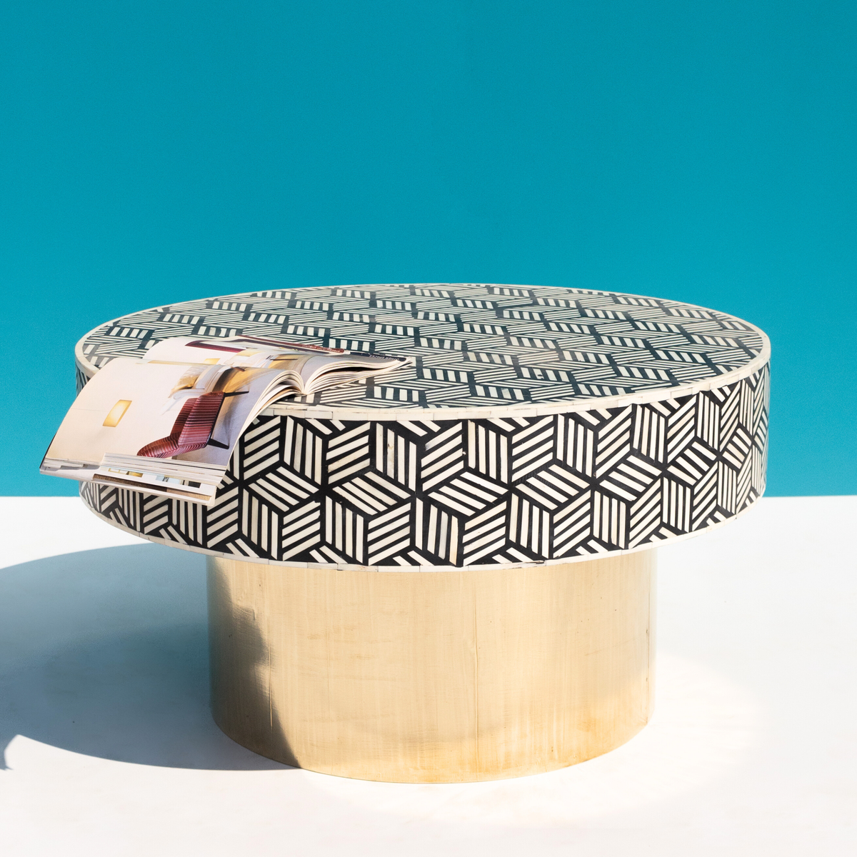 Black & White Bone Inlay Round Coffee Table with Brass Base