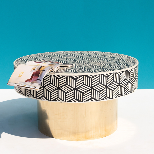 Black & White Bone Inlay Round Coffee Table with Brass Base Main Image