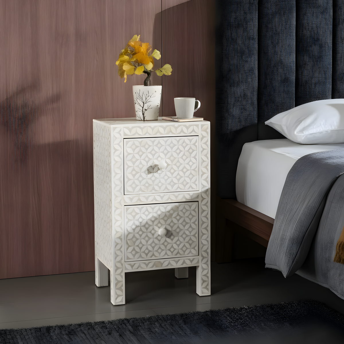 Ivory White Bone Inlay Bedside Table with 2 Drawers