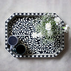 Rajdhara Handcrafted Black & White Bone Inlay Tray - Floral Finish