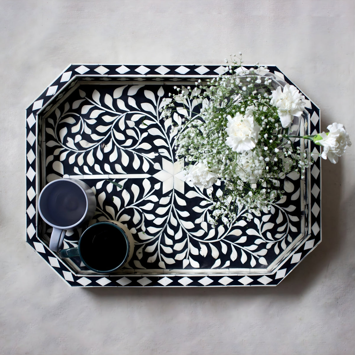 Rajdhara Handcrafted Black & White Bone Inlay Tray - Floral Finish